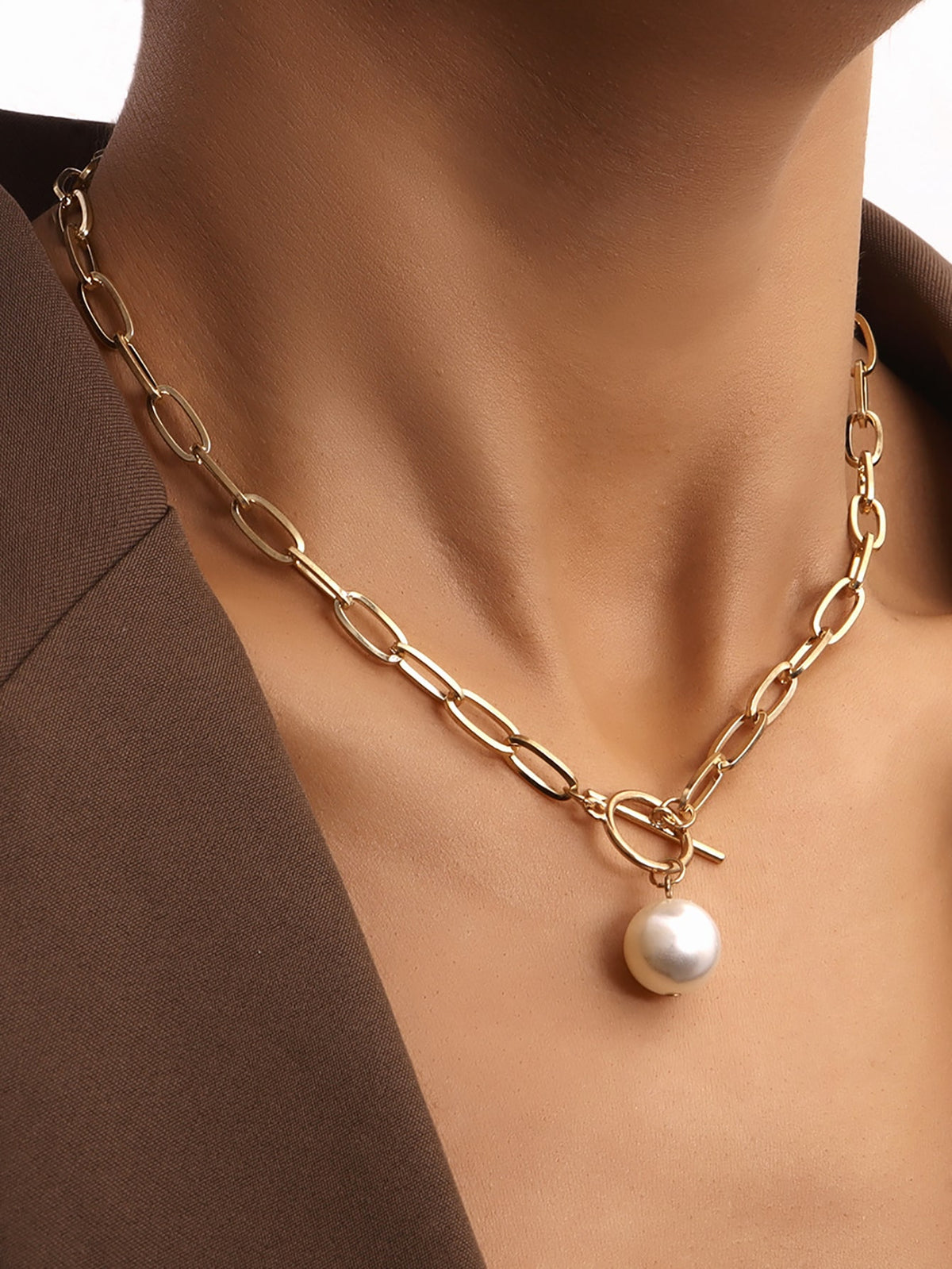 1pc European And American Fashionable Simple Style Chain With ABS Pearl Pendant Women Necklace For Festival Gift And Daily Wear