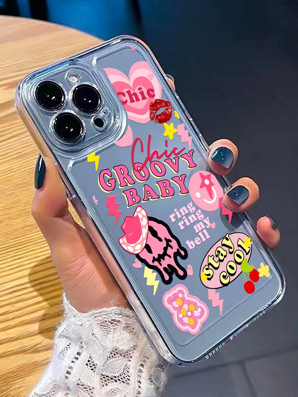 Pink Cartoon Graphic Clear Phone Case Compatible With Apple IPhone 15/15Plus/15Pro/15Promax Kawaii