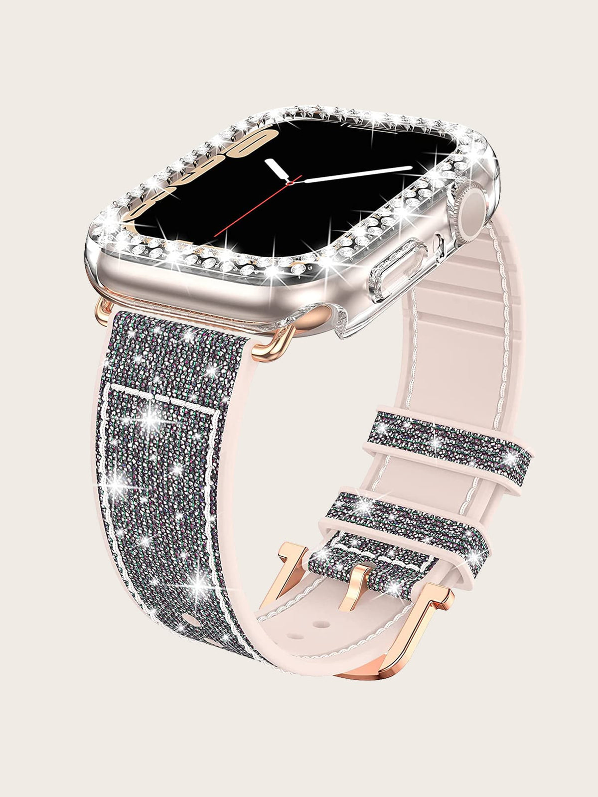 2pcs Women's Glitter Silicone Watch Band With Double Diamond Inlaid Watch Case, Compatible With 38mm 40mm 41mm 42mm 44mm 45mm 49mm Apple Watch, Compatible With Apple Watch Ultra/SE/9/8/7/6/5/4/3/2/1,