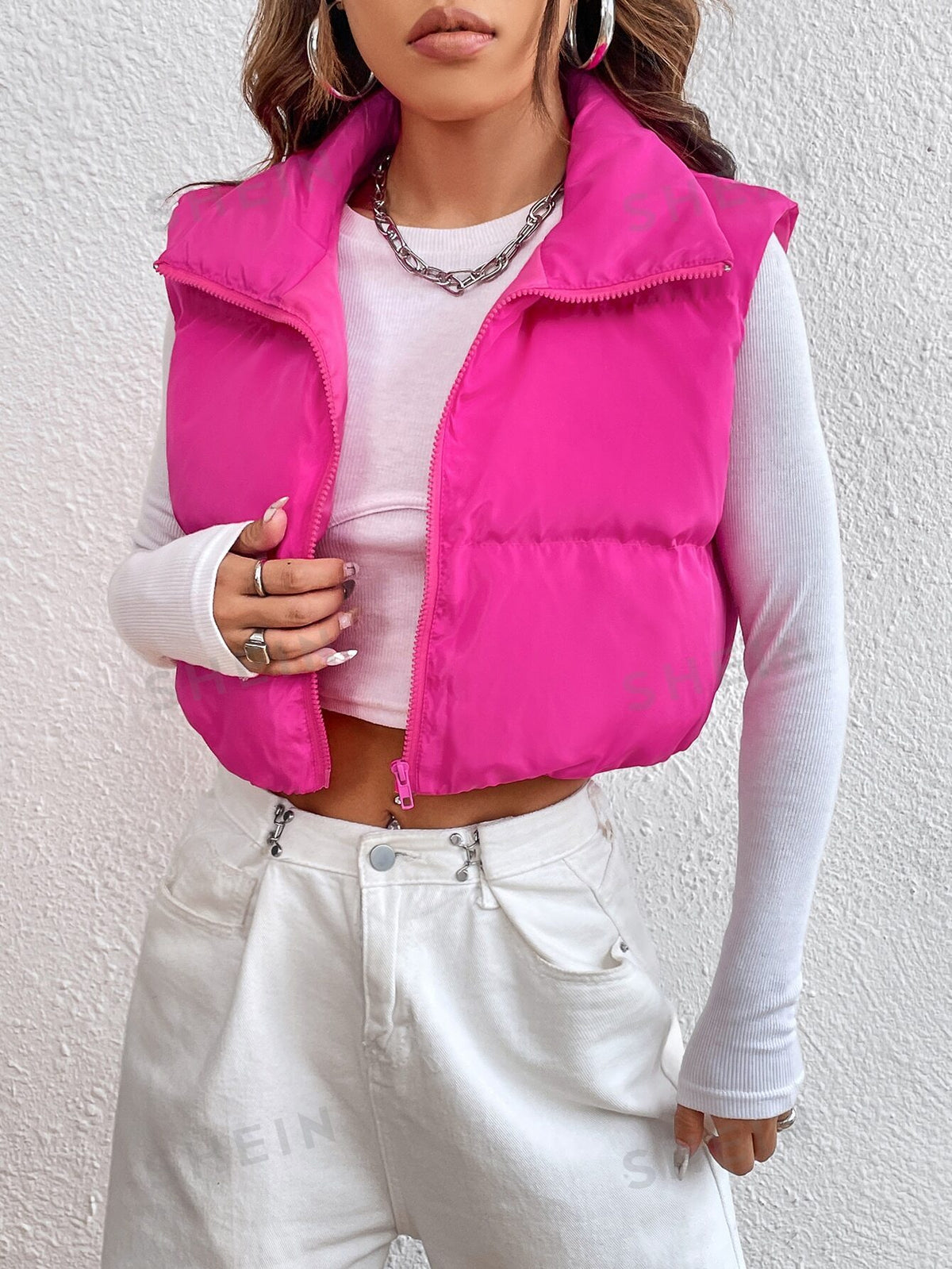 SHEIN EZwear Zipper Front Vest Puffer Coat