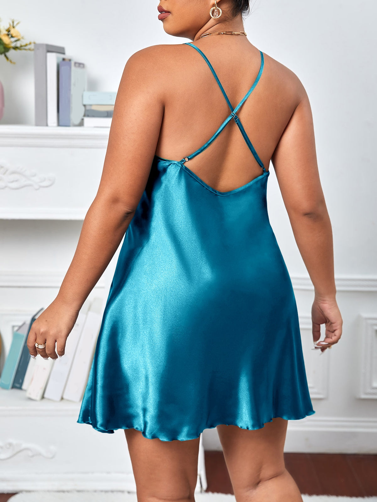 Plus Crisscross Back Satin Cami Pajama Nightdress