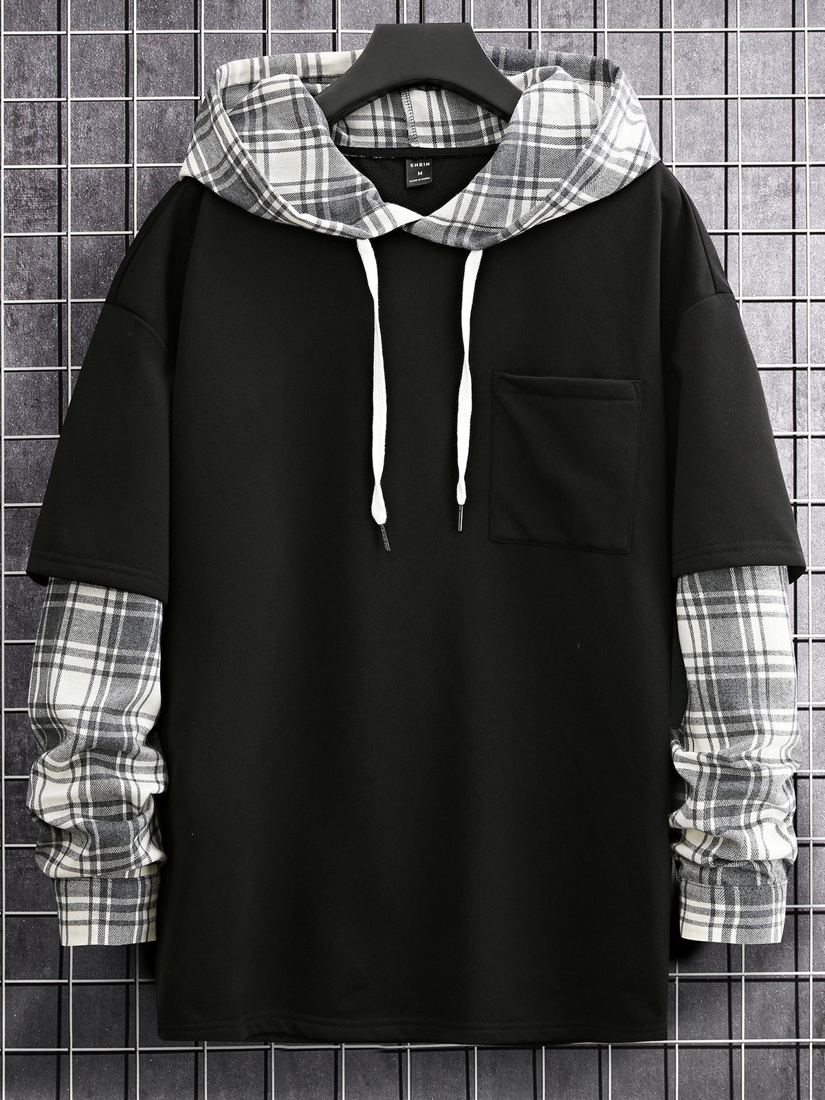 Manfinity Homme Loose-Fit Men's Plaid Pattern Drop-Shoulder Hoodie With Drawstring And Front Pocket Design