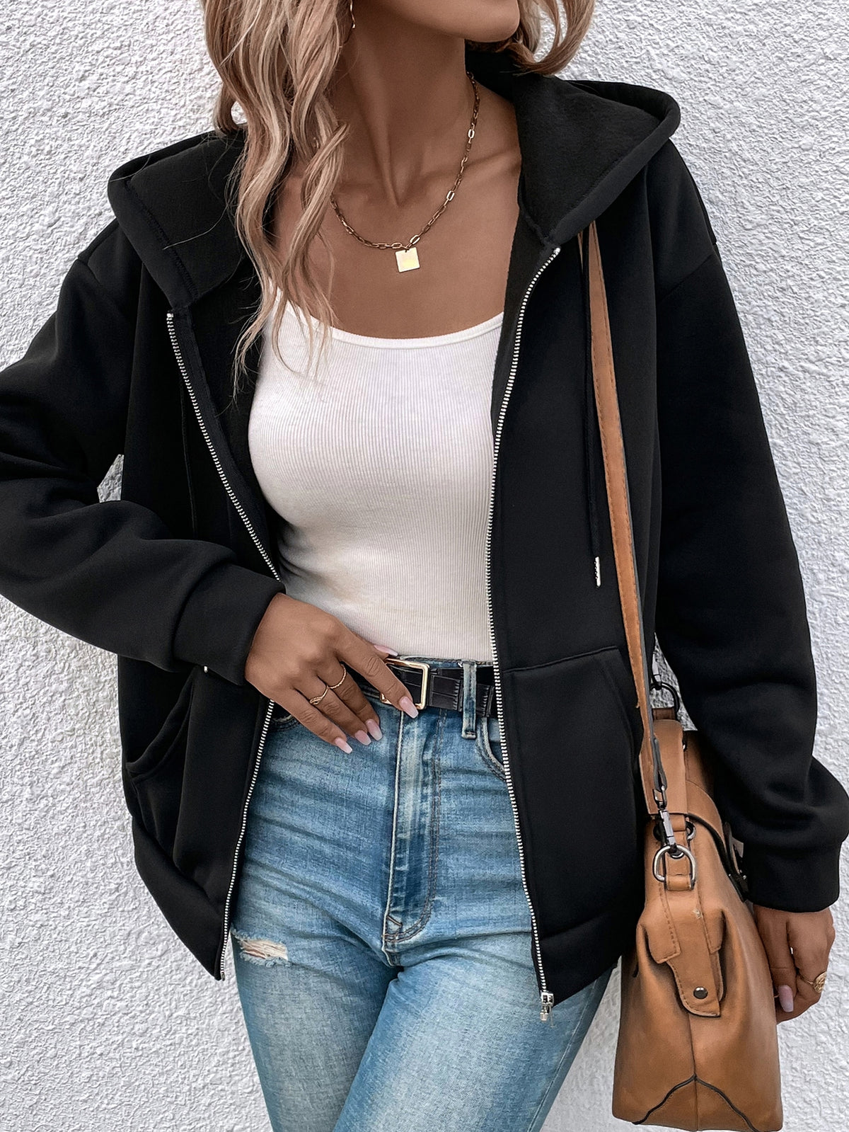 SHEIN Frenchy Drop Shoulder Drawstring Zipper Hooded Jacket