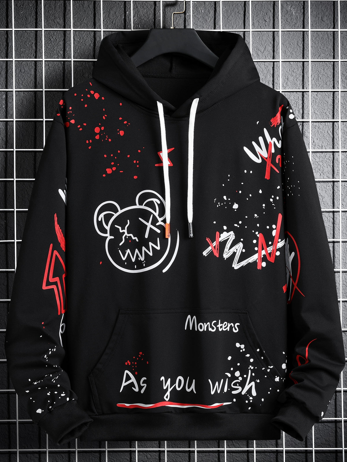 Manfinity LEGND Loose Fit Men's Letter & Cartoon Graphical Pattern Hoodie With Kangaroo Pocket And Drawstring