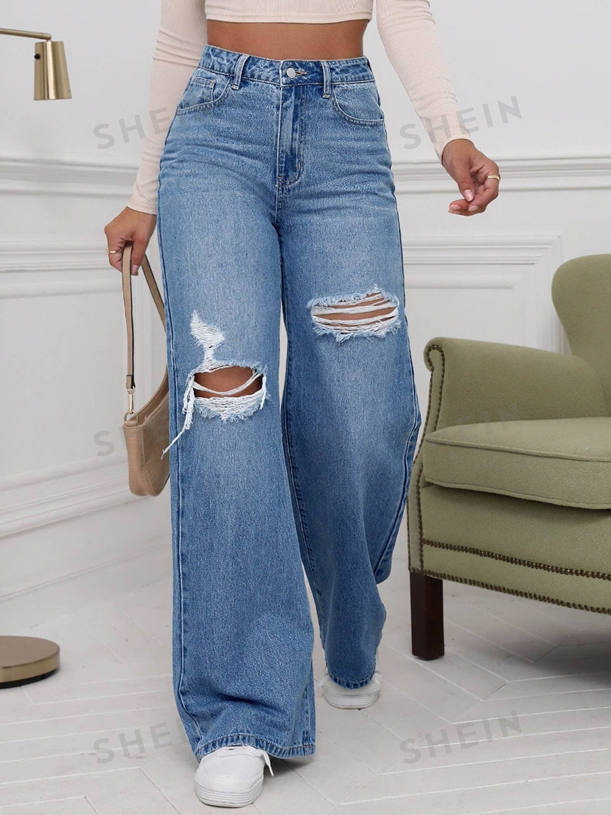 SHEIN EZwear Washed Denim Blue High Waist Ripped Wide Leg Jeans