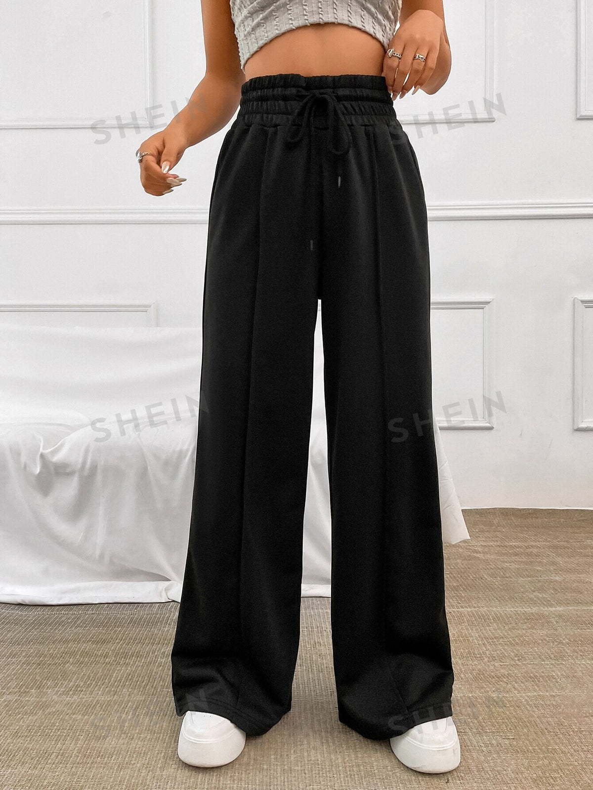 SHEIN LUNE Drawstring Waist Wide Leg Sweatpants