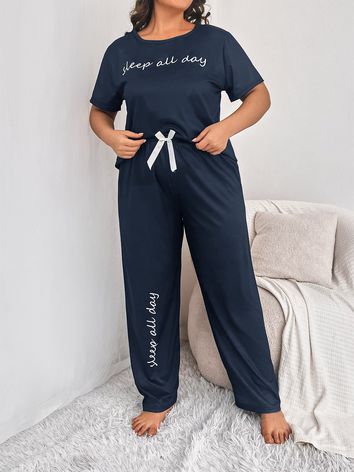 Plus Slogan Graphic Bow Front Tee & Pants Pajama Set