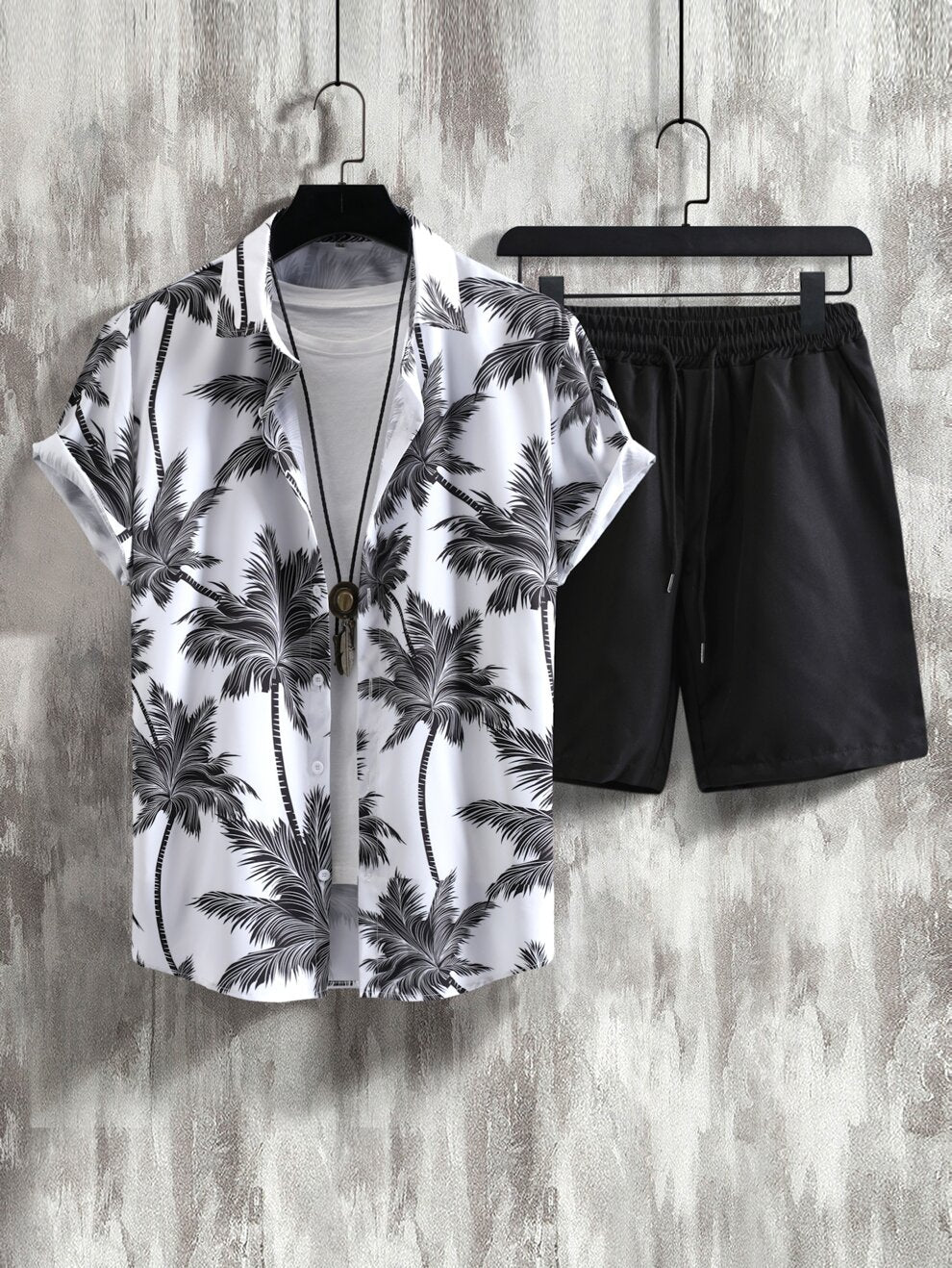 Manfinity RSRT Men Tropical Print Shirt & Drawstring Waist Shorts Without Tee