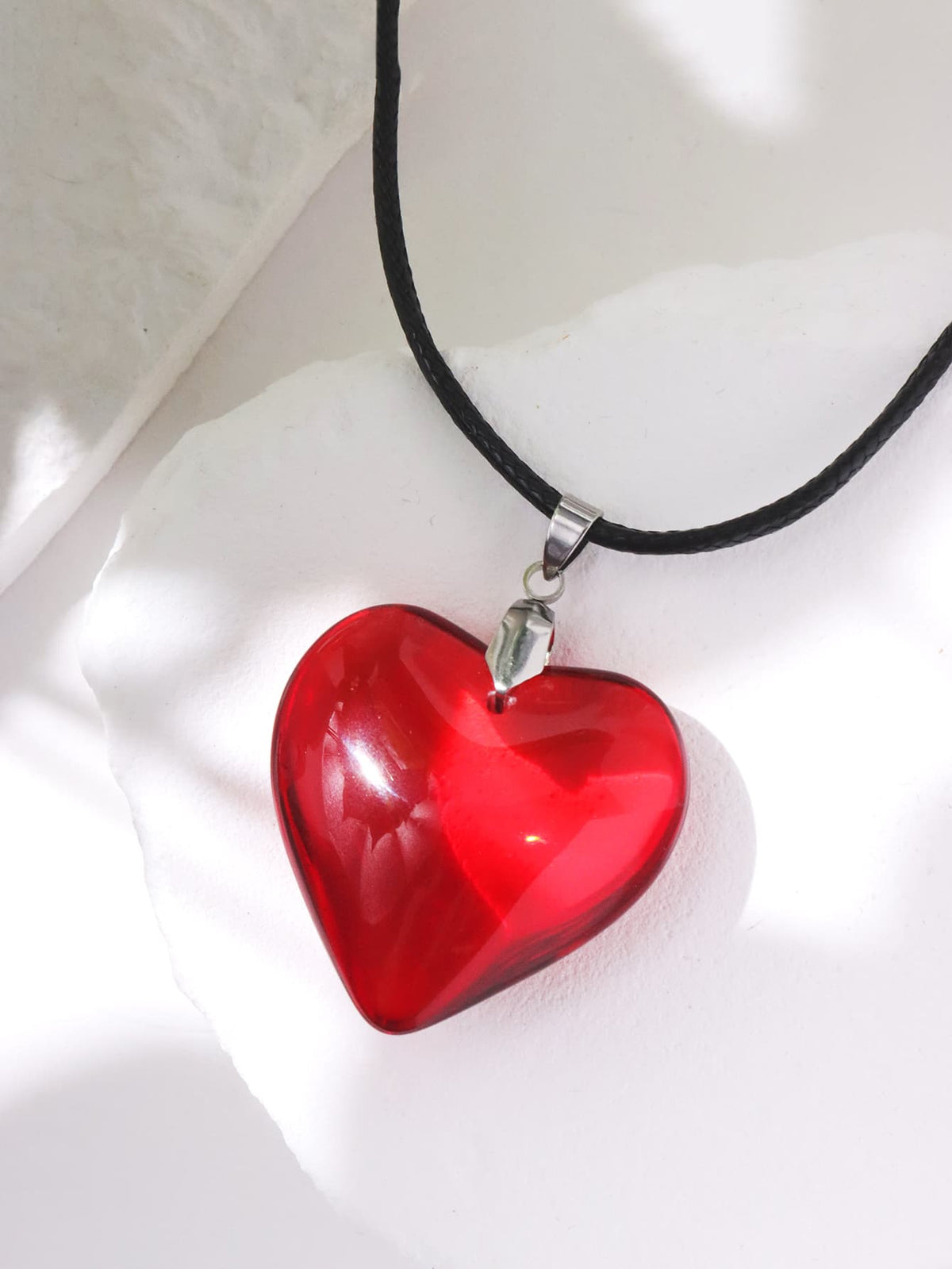 1pc Multicolored Glass Heart Shaped Pendant Leather Necklace For Women's Accessories