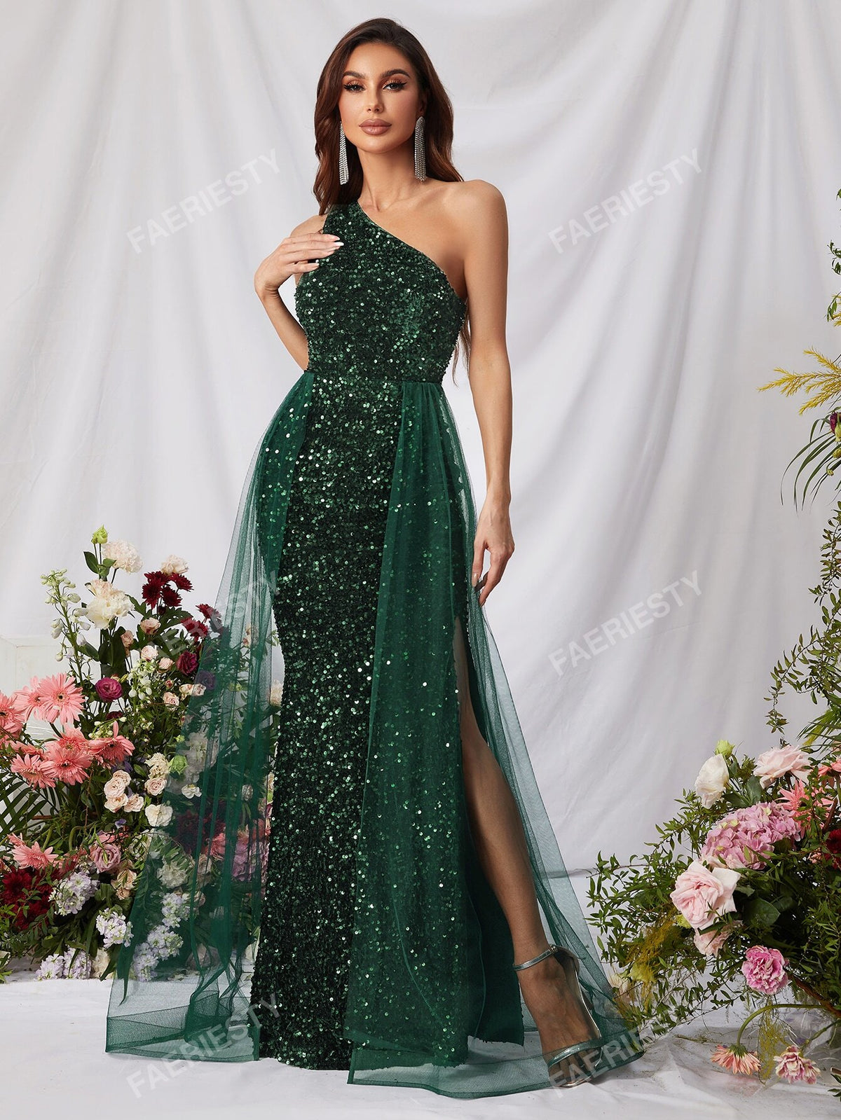 One Shoulder Split Thigh Sequin Prom Dress