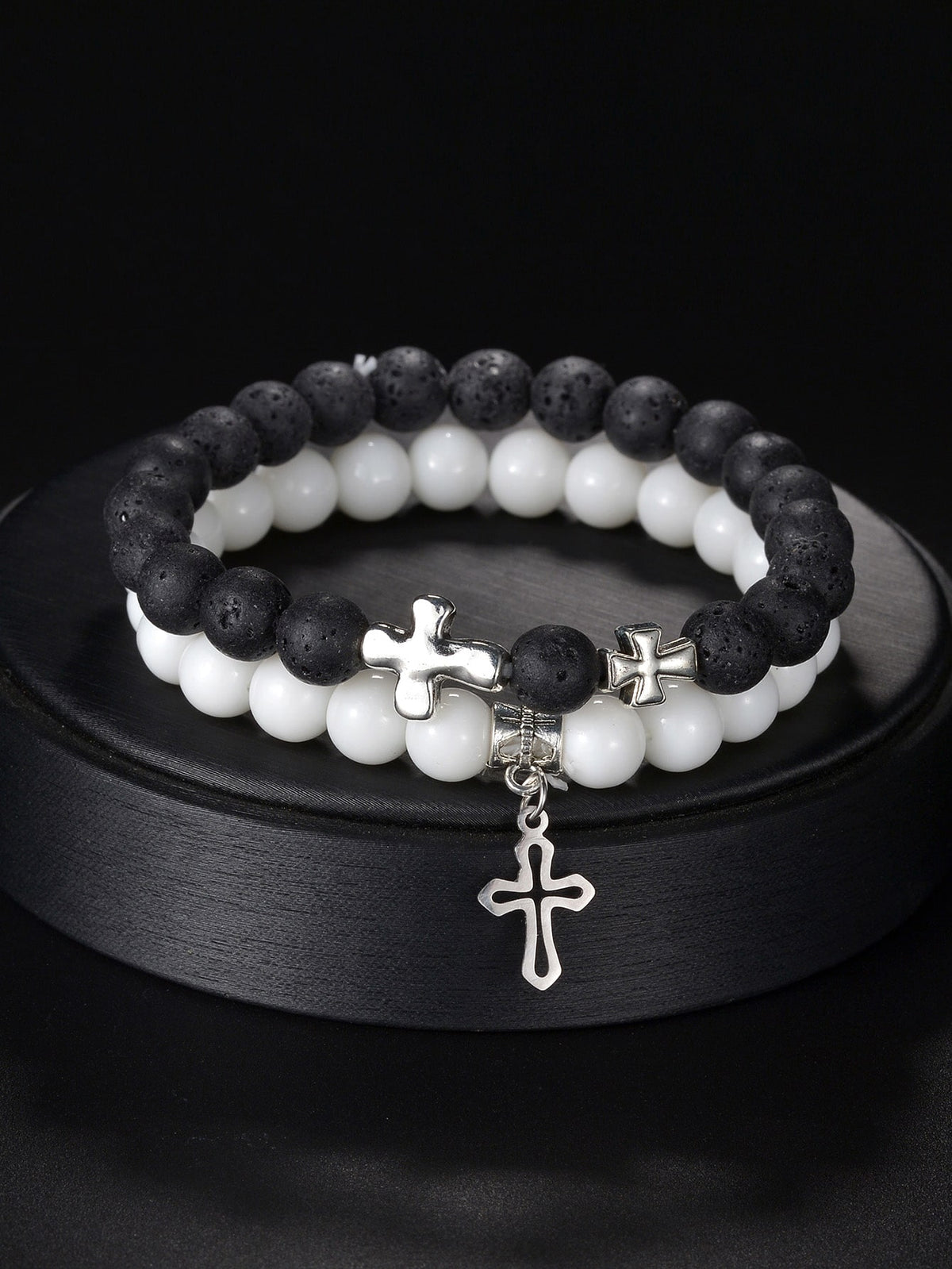 2pcs Natural Stone Cross Charm Couples Bracelet Set