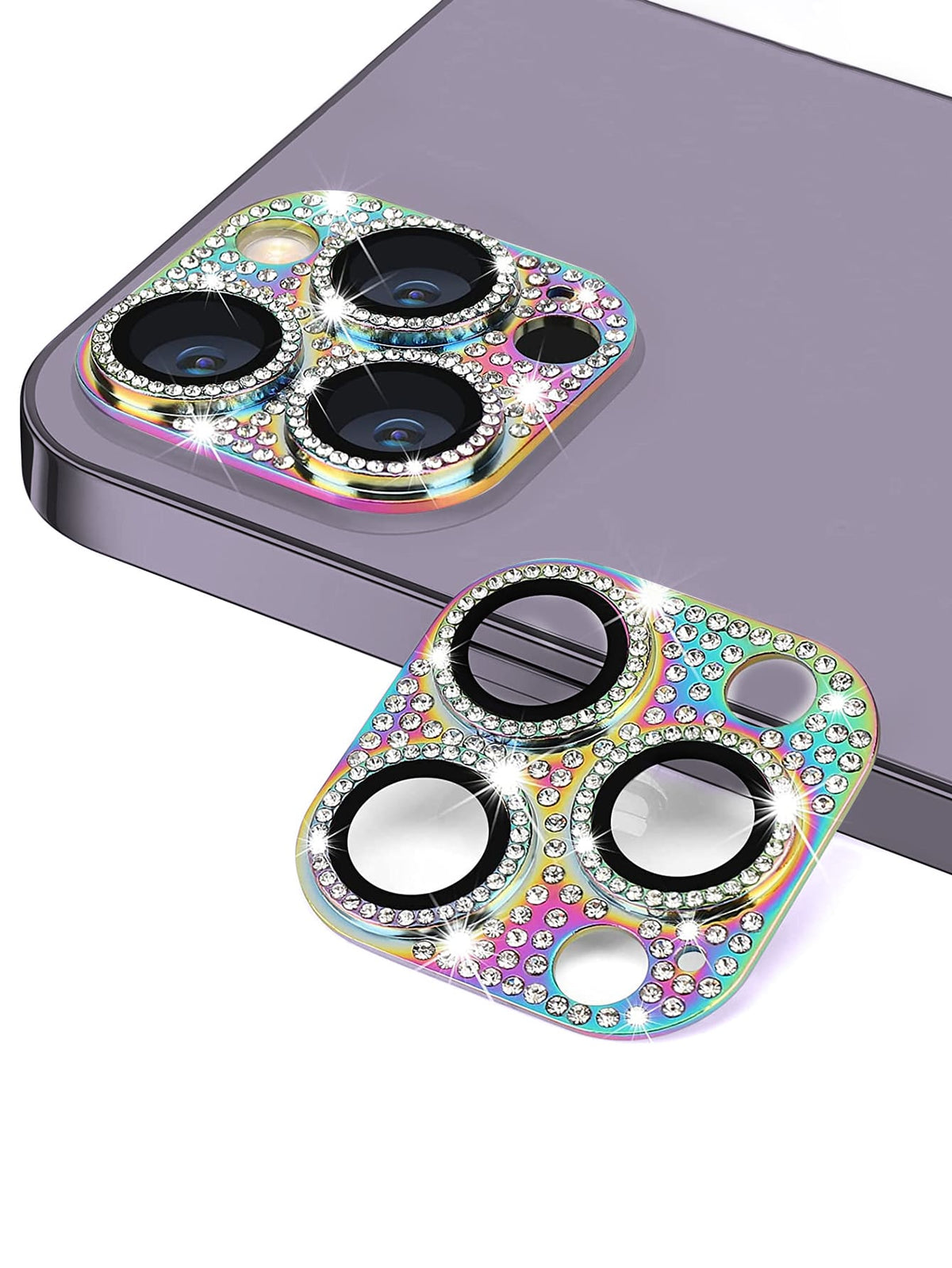 1PC Rhinestone Mobile Phone Glitter Rhinestone Metal Camera Lens Glass Protector Film Compatible With iPhone 15/15Pro/15Plus/15Promax