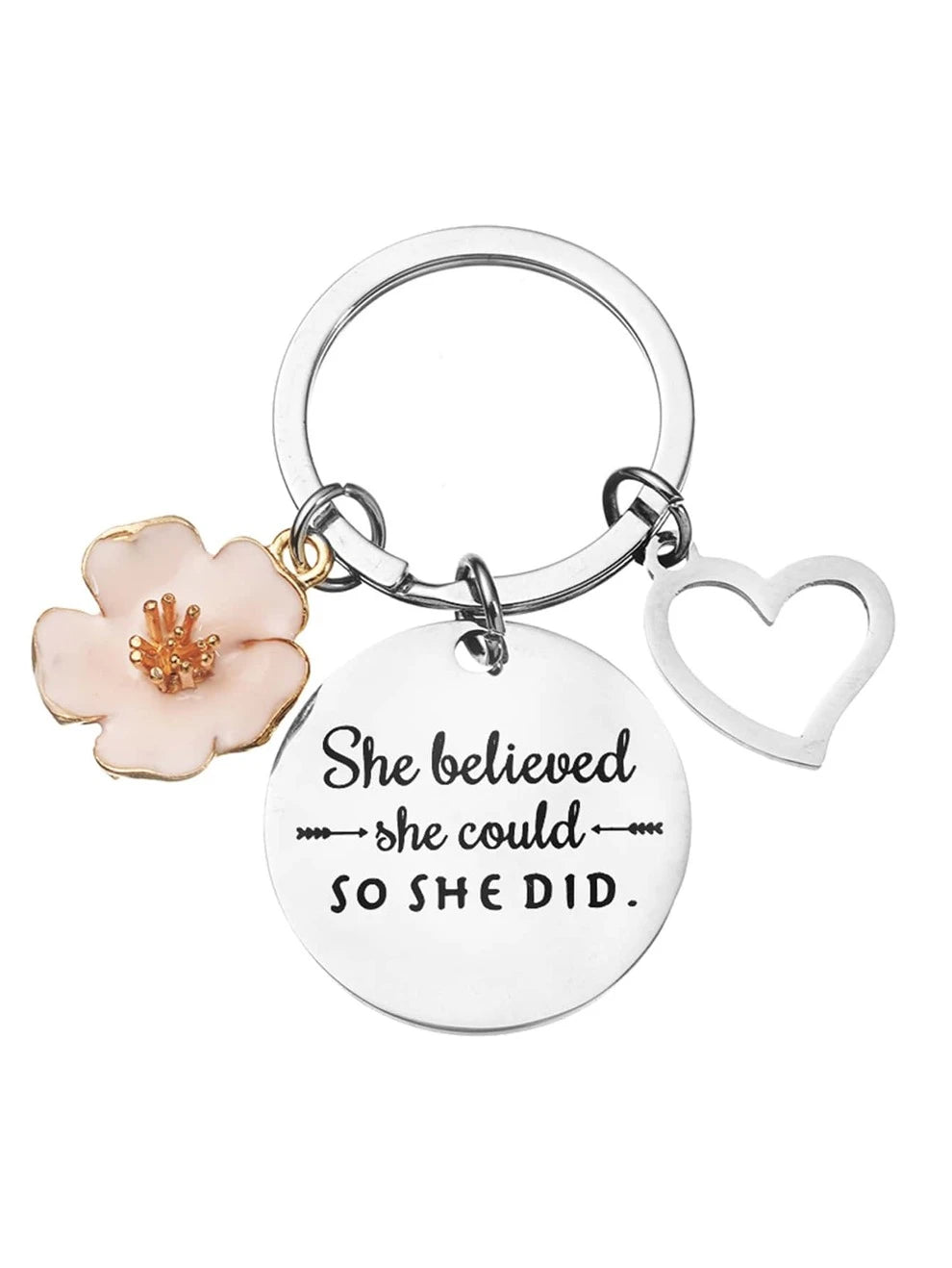 Street Women's Inspirational Stainless Steel Keychain With Flower, Hollow Heart Shaped Pendant And Carved Phrase 'she Believe She Could So She Did', Birthday Gift For Daughter, Friends, Classic Style