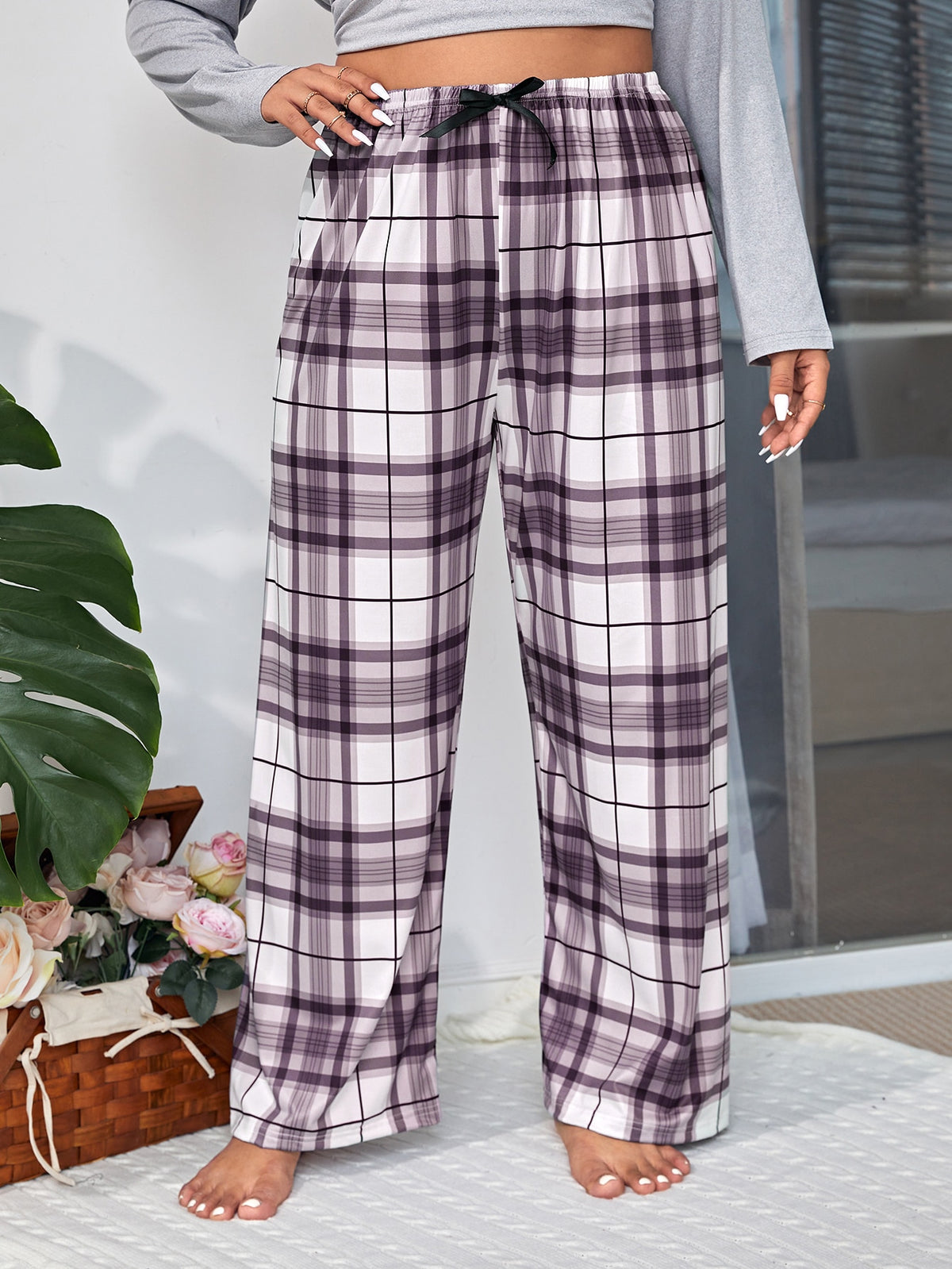 Plus Plaid Print Bow Front Sleep Pants Pajama Pants