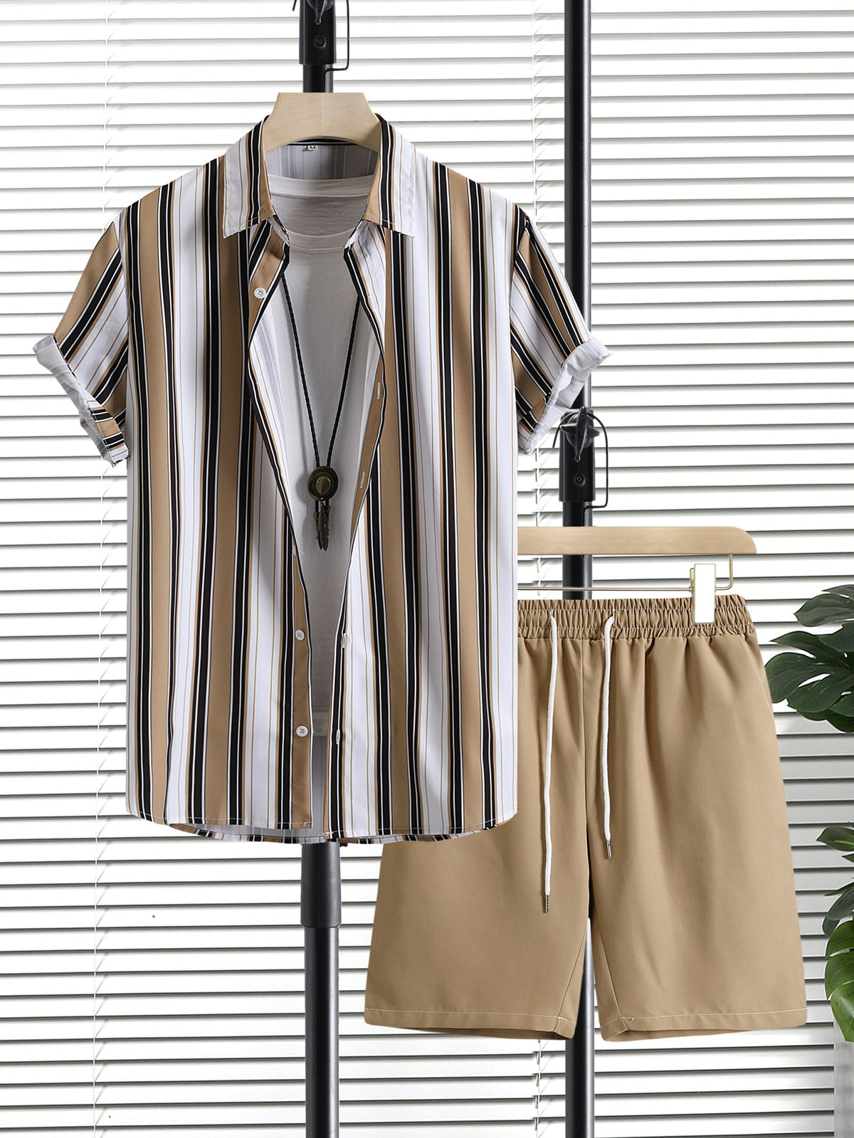 Manfinity RSRT Men Striped Shirt & Drawstring Waist Shorts Without Tee