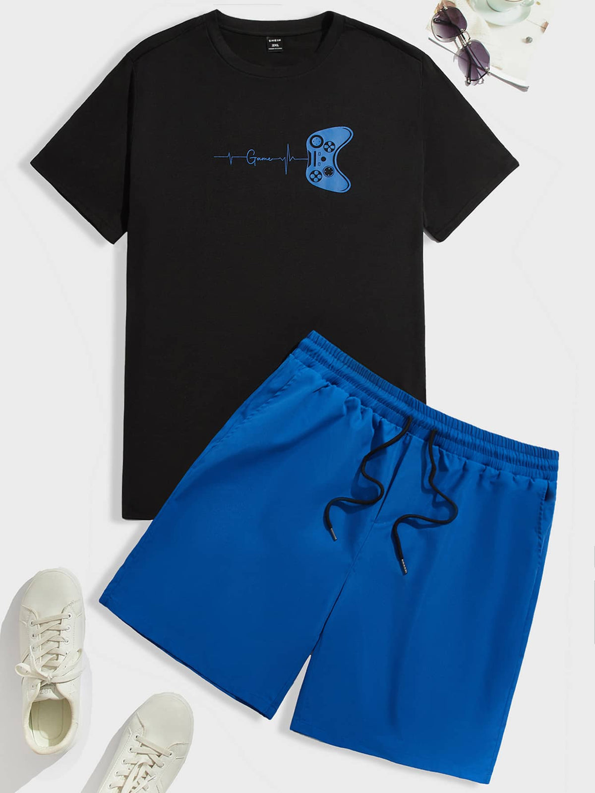 Manfinity Hypemode Men Plus Gamepad Print Tee & Drawstring Waist Shorts