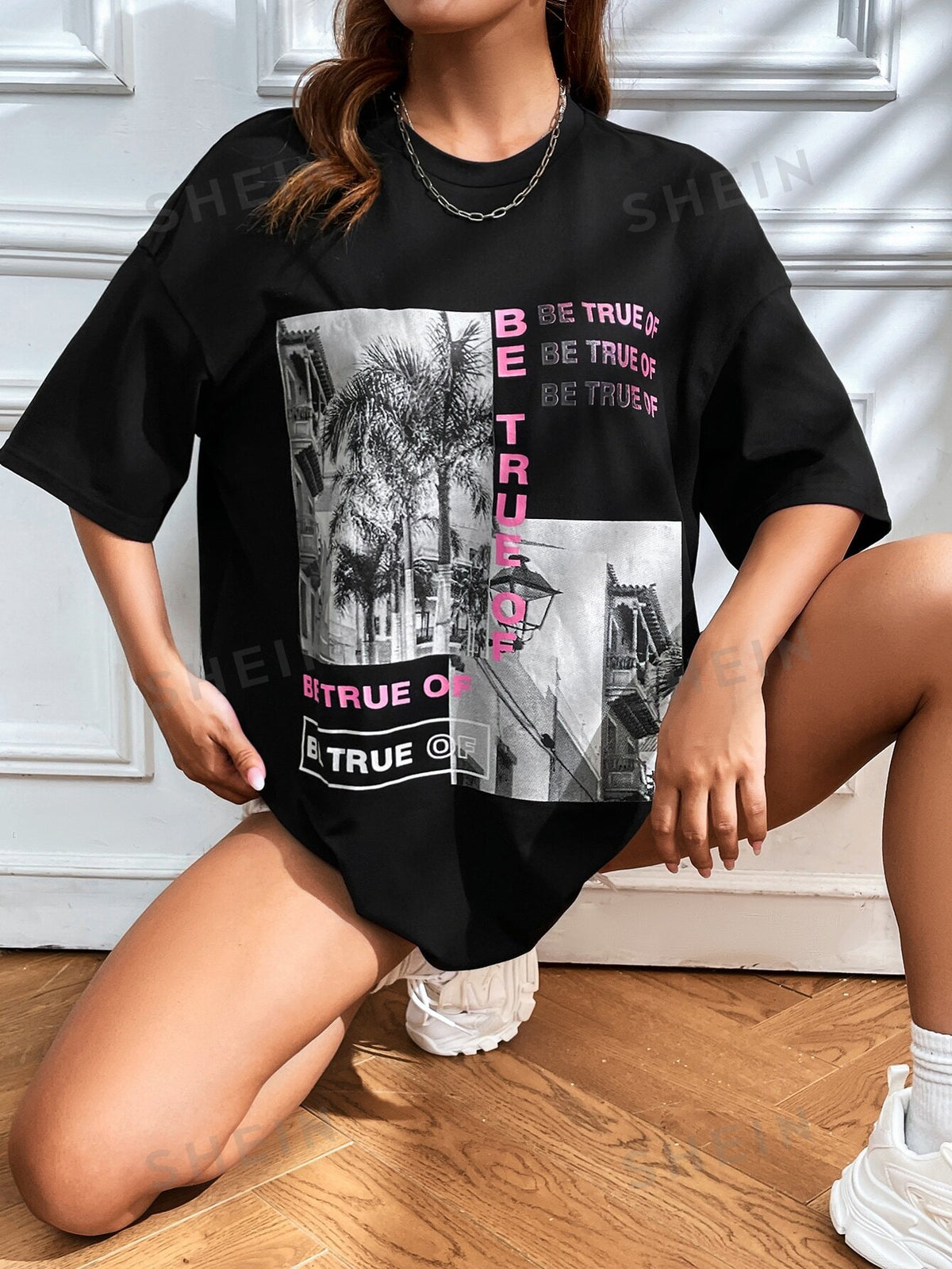 SHEIN EZwear Building & Slogan Graphic Drop Shoulder Tee BE TRUE OF BE TRUE OF BE TRUE OF