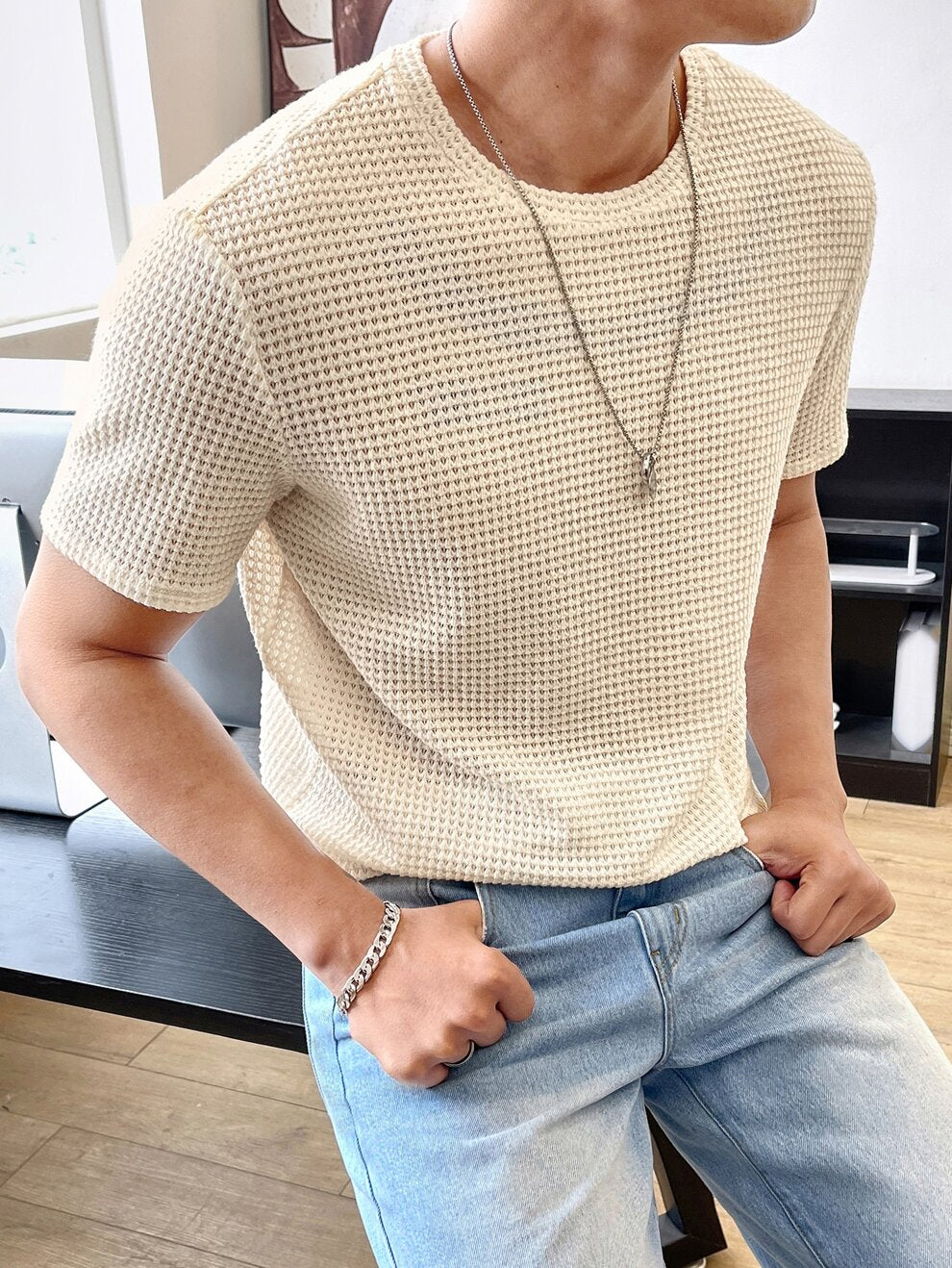 Manfinity Homme Men Solid Waffle Knit Tee