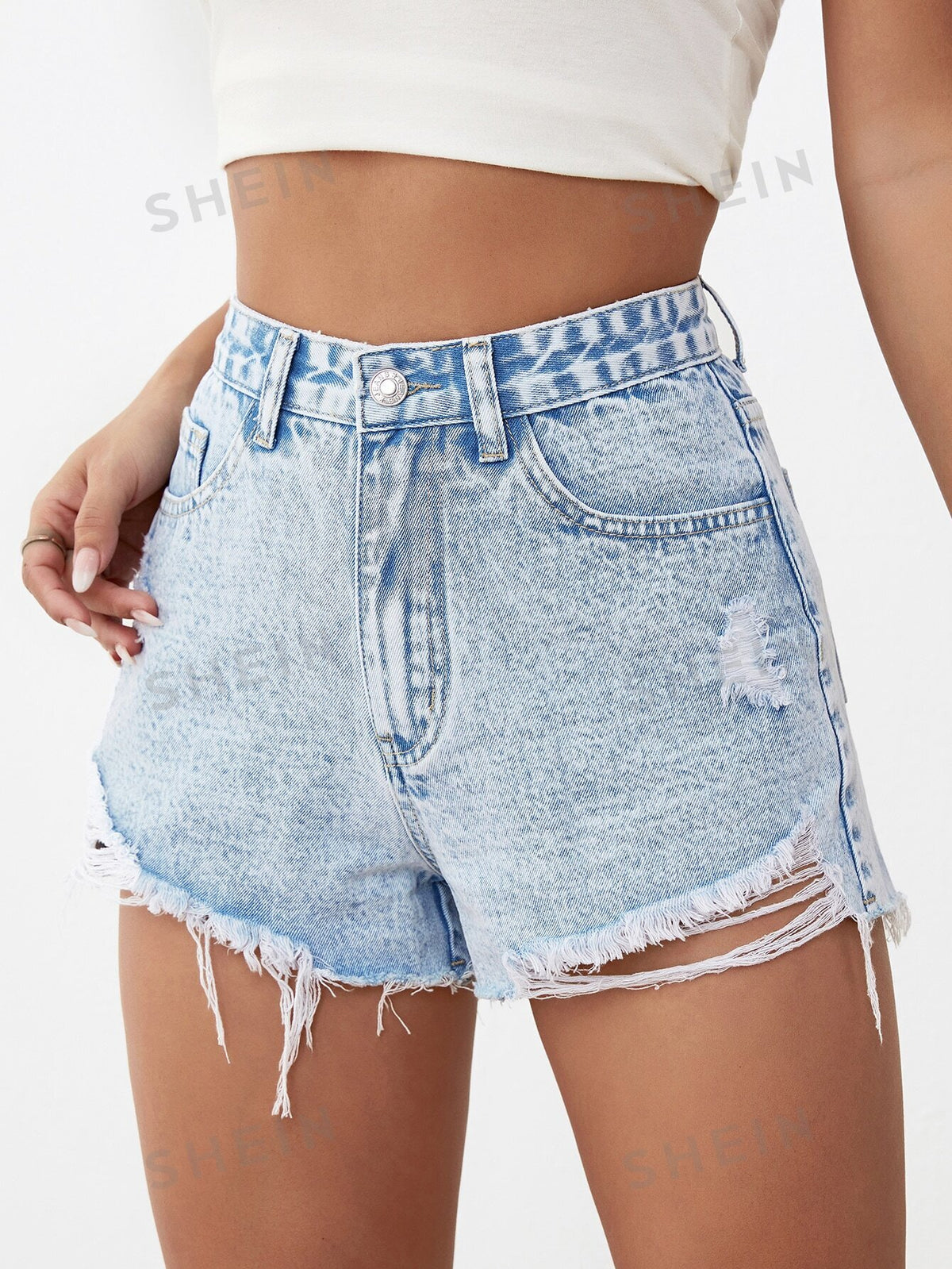 Ripped Raw Hem Denim Shorts