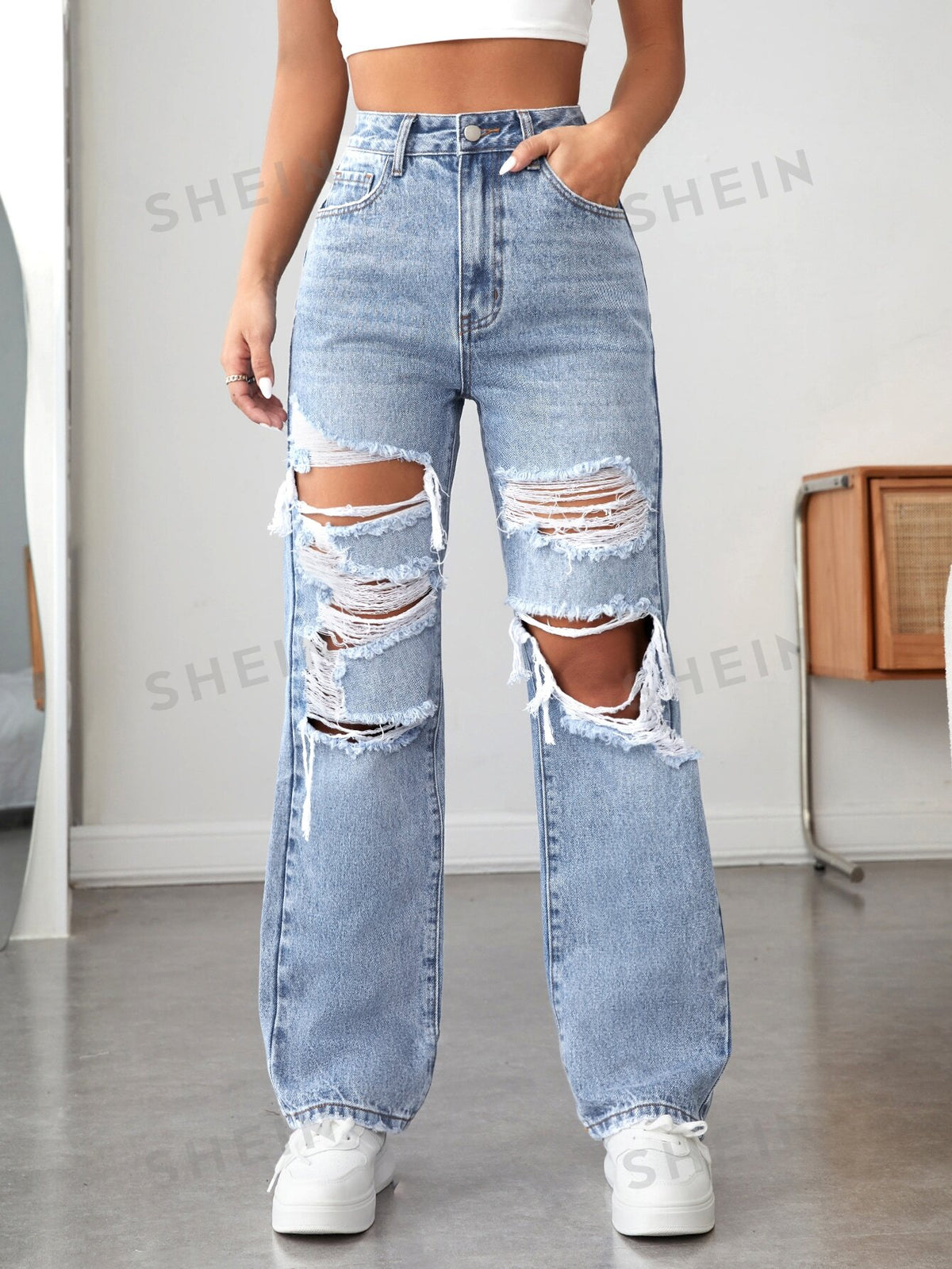 SHEIN PETITE Coolmax Washed Ripped Casual Summer Straight Leg Jeans