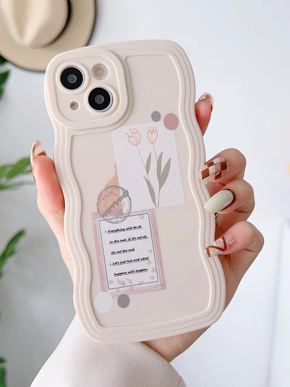 1pc Simple Flower & Slogan Pattern White Wave Phone Case Compatible With Apple Iphones