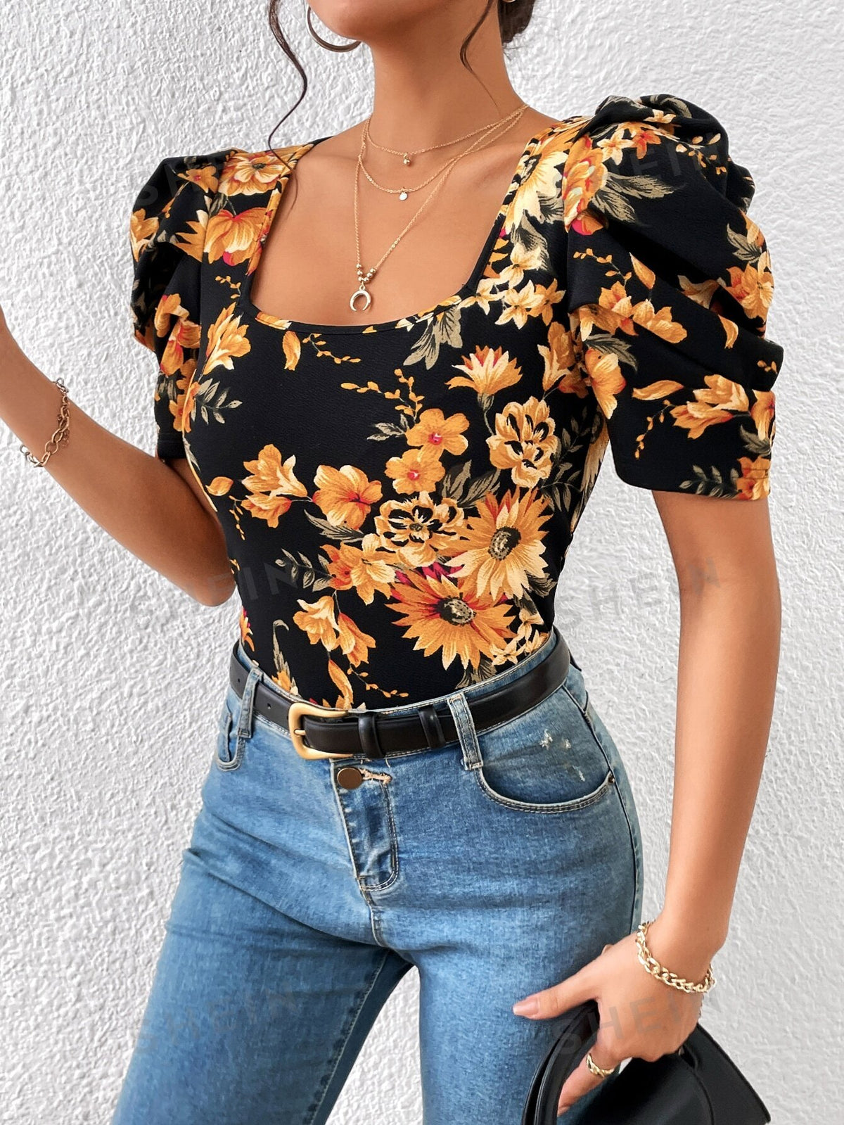 SHEIN Clasi Floral Print Square Neck Puff Sleeve Tee