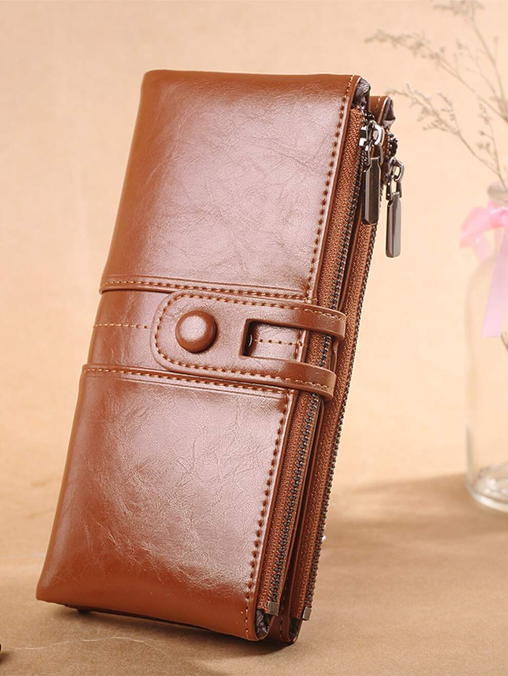 Button Detail Long Wallet With Zipper Casual Rfid Pu Checkbook Cover Slim Portable,Money,Cash White-Collar Workers,For Female,For Women College,Work, Business, Commute,Office,For Anniversary,For Lover