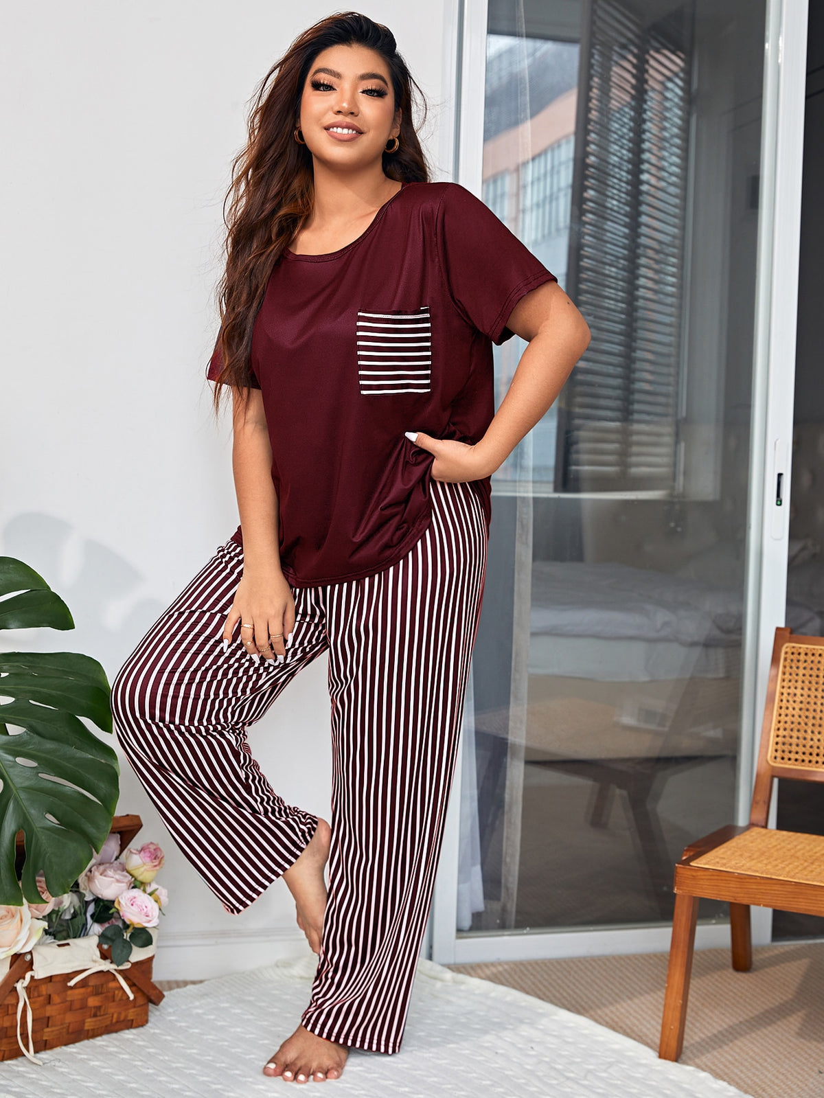 Plus Striped Print Pocket Patched PJ Set / Pajama Set