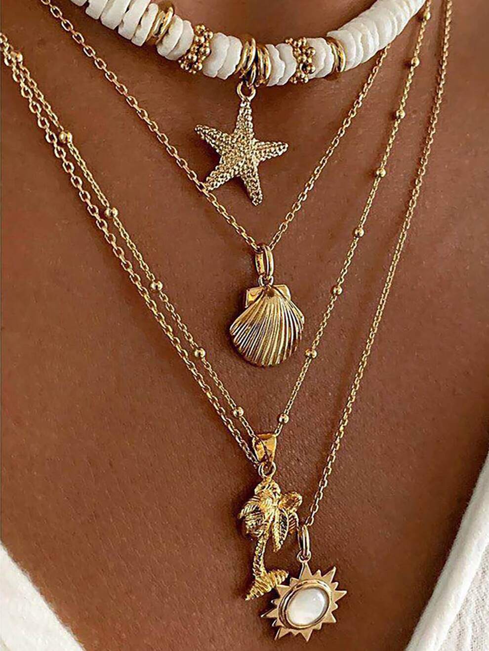 Soft Pottery Vintage Sun Multilayer Necklace For Women Summer Beach Starfish Shell Coconut Tree Pendant Necklace Women 2023