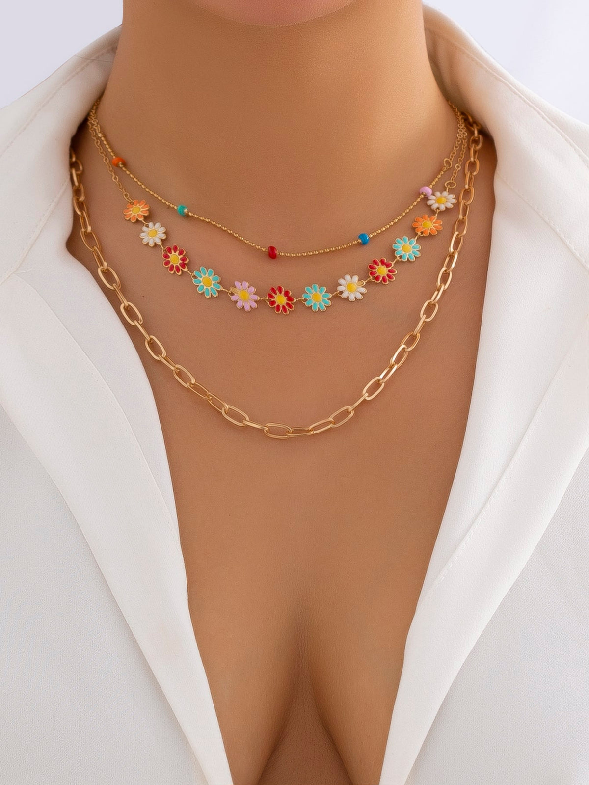 3pcs Rainbow Flower Pendant Multilayer Chain Necklace For Women, Ideal For Festival And Party, Colors And Quantities Of Beads And Flowers Are Randomly Cut