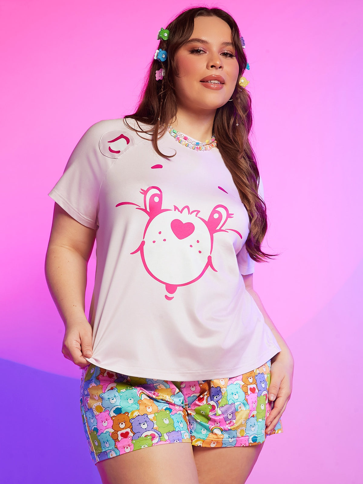 SHEIN X Care Bears Plus Cartoon Graphic Tee & Shorts PJ Set