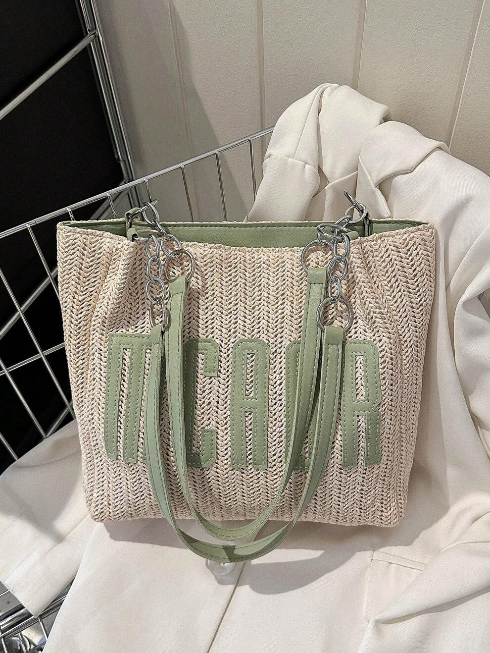 Fashionable,Minimalist,Casual,Letter Patch Decor Straw Bag Vacation Zipper Chain For Girl, Teen Girls, Waterproof, Sandproof Transparent Bag, Beach Sports Picnic Snacks Clear Purse For Women