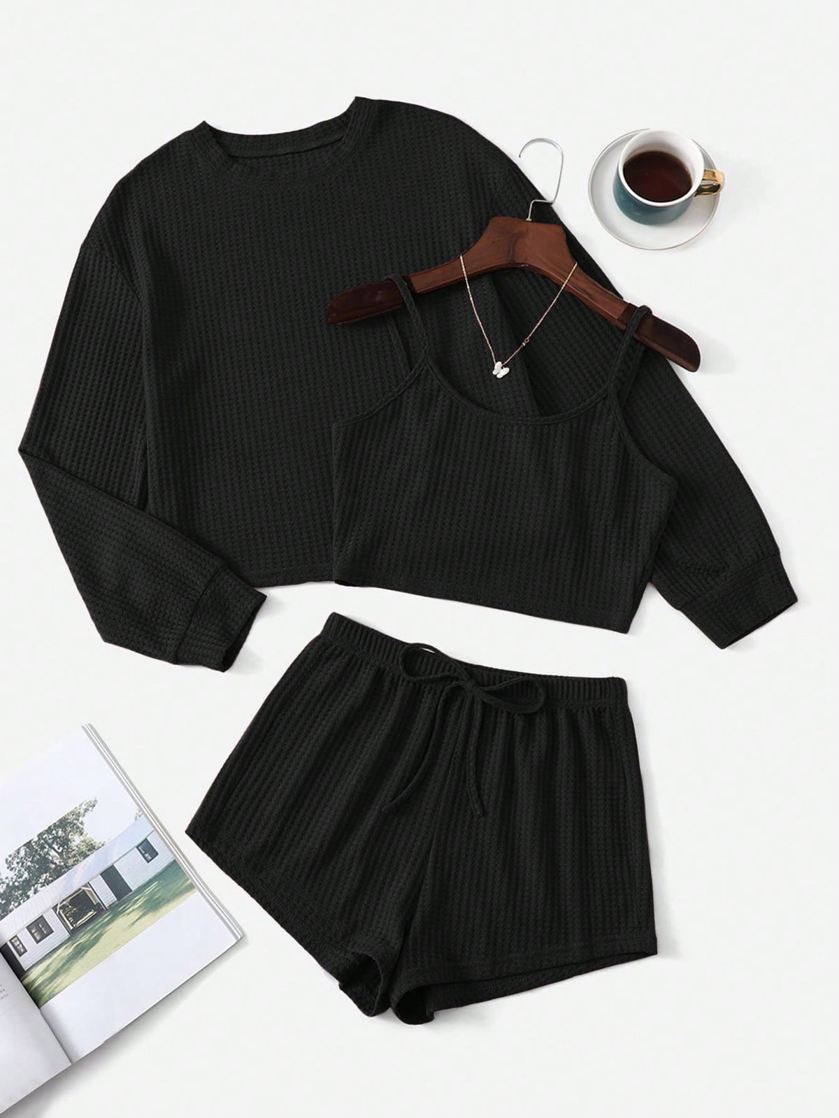 Drop Shoulder Waffle Knit Lounge Set With Tee