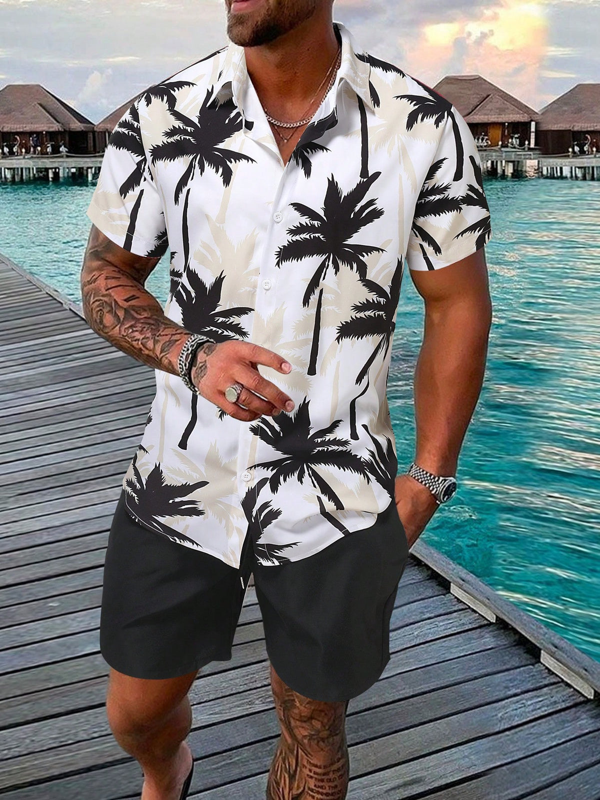 Manfinity RSRT Men's Summer Vacation Palm Tree Printed Short Sleeve Shirt And Shorts Casual Outfit