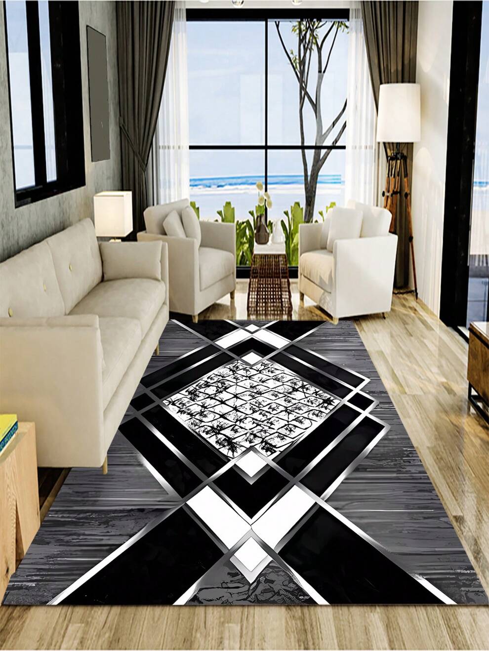 1pc Geometric Pattern Rug, Modern Polyester Floor Carpet For Home