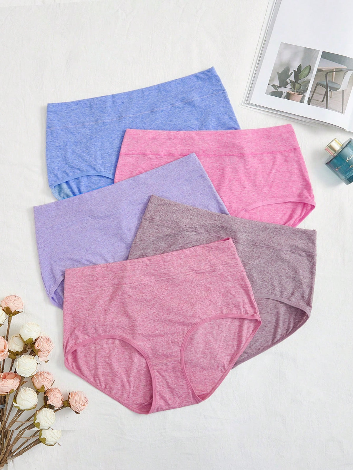 5pcs Plus Size Women's Solid Color Basic Daily Panties