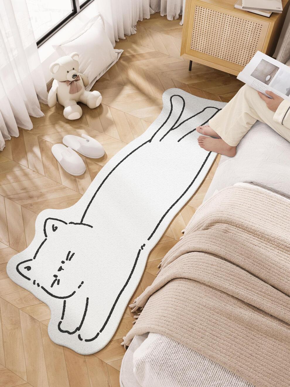 1pc , Polyester Material, Cute Cartoon White Bear/cat, Antislip, Soft, Comfortable, Decorative Bedside Mat