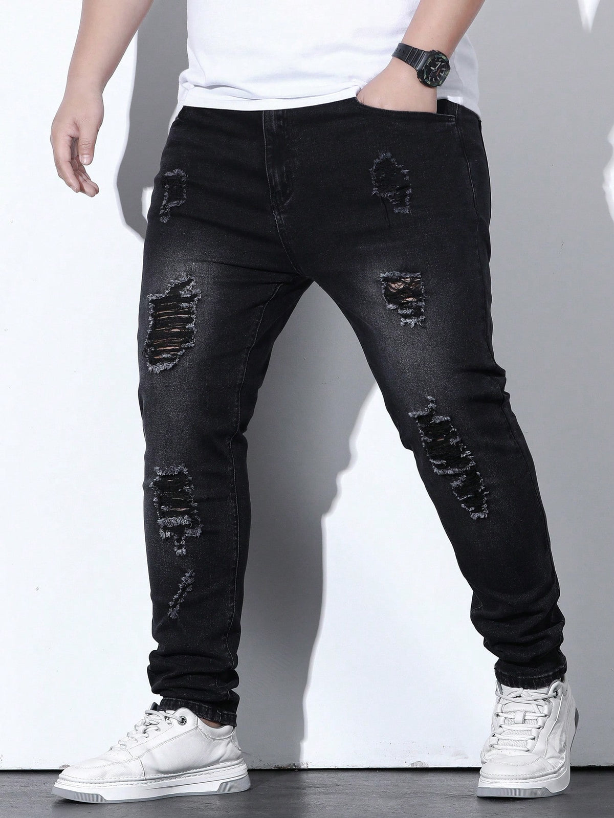 Manfinity LEGND Men Plus Cotton Ripped Frayed Skinny Jeans Slim Fit Long Jean Cargo Plain Black Work Casual Size