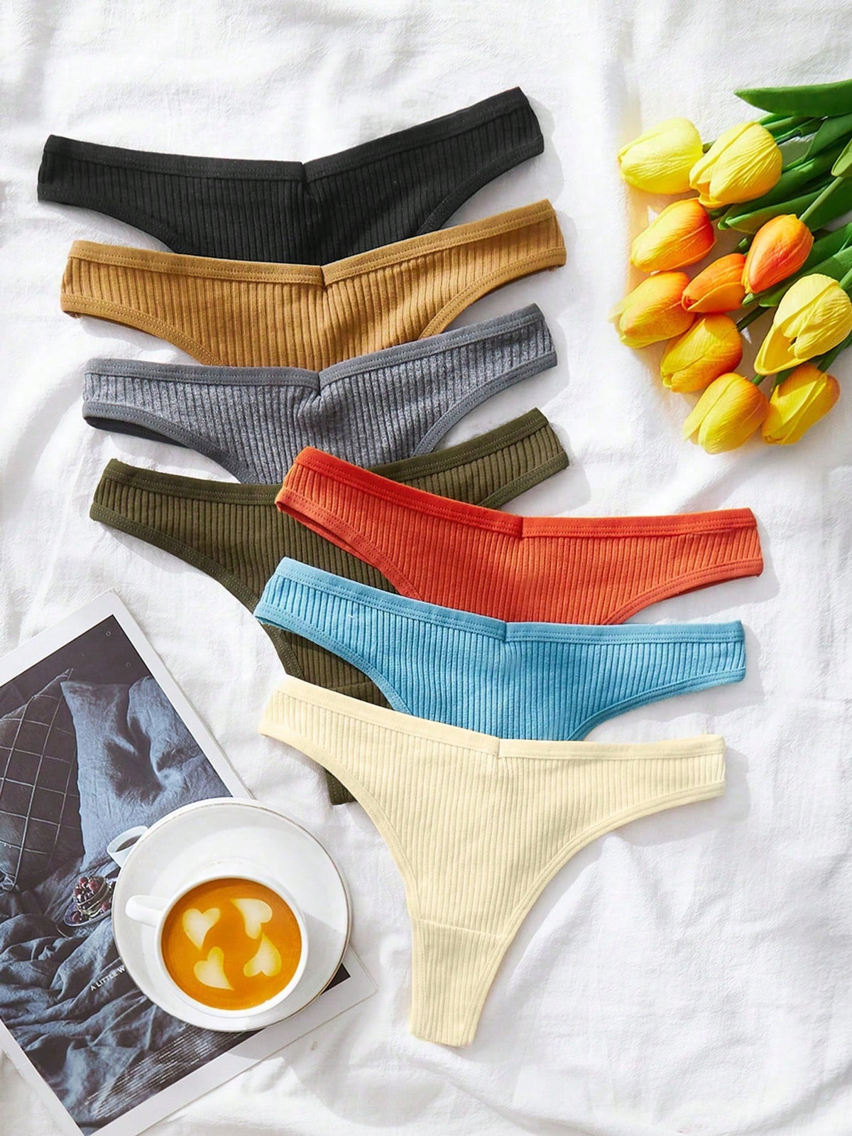 7packs Solid Ribbed Knit Sexy Thongs