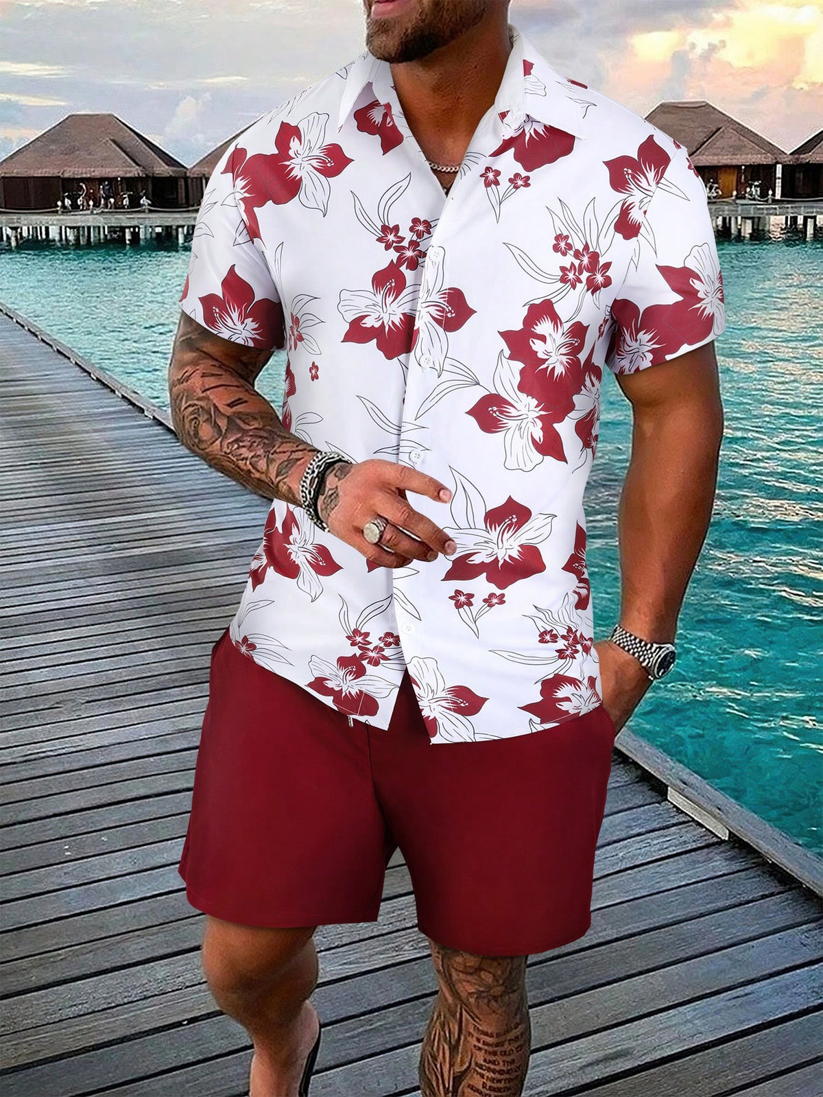 Manfinity RSRT Men Floral Print Shirt & Drawstring Waist Shorts Without Tee