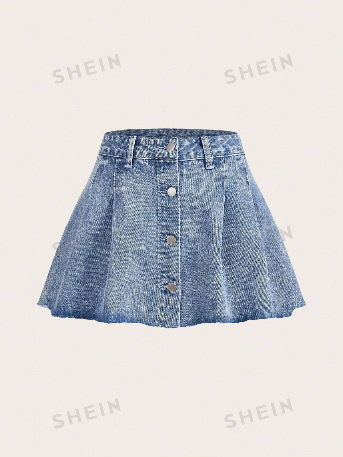 SHEIN EZwear Solid Color Front Button Up Frayed Hem Denim Mini Skirt, Summer