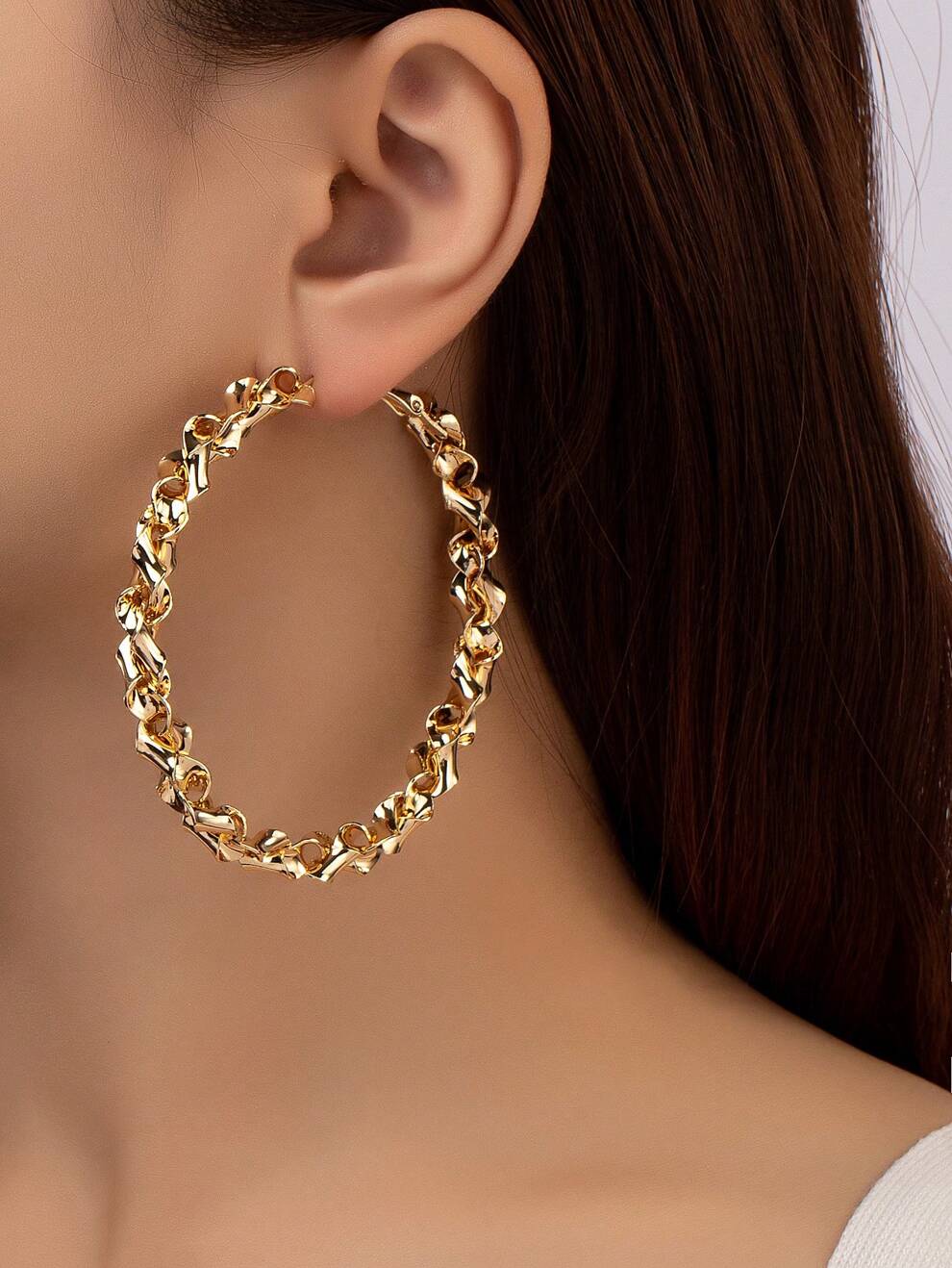 1pair Exaggerated Large Circle & Braided Metal Hoop Earrings