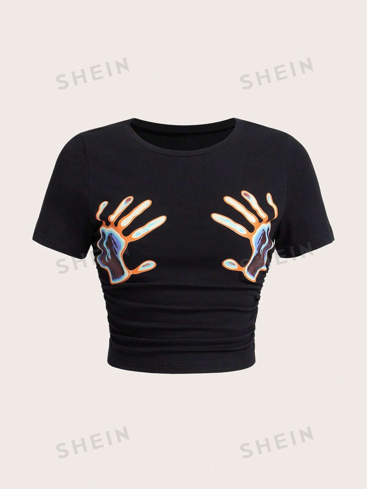 SHEIN EZwear Hand Print Ruched Tee