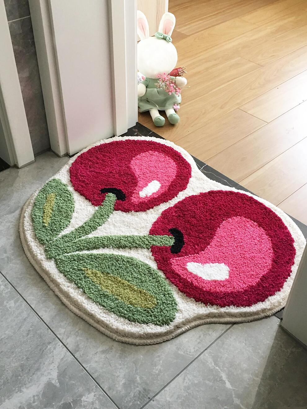 1pc Cherry Pattern Door Mat, Modern Polyester Anti-slip Absorbent Indoor Outdoor Rug For Household