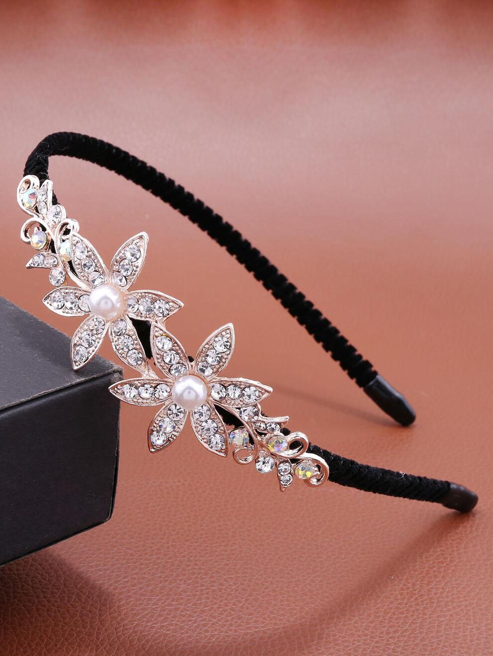 1pc Women Rhinestone Flower & Faux Pearl Decor Glamorous Headband, For Decoration Elegant Tiaras