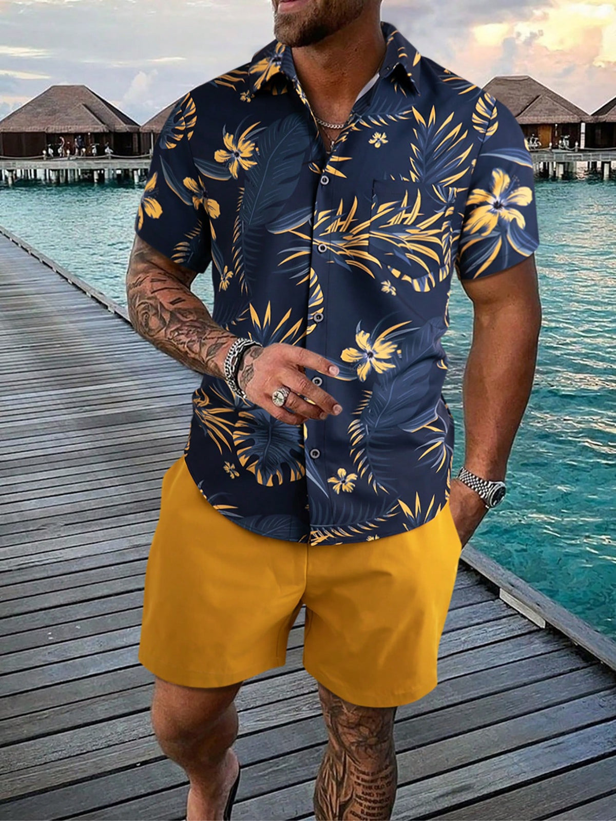 Manfinity RSRT Men Tropical Print Shirt & Drawstring Waist Shorts Without Tee