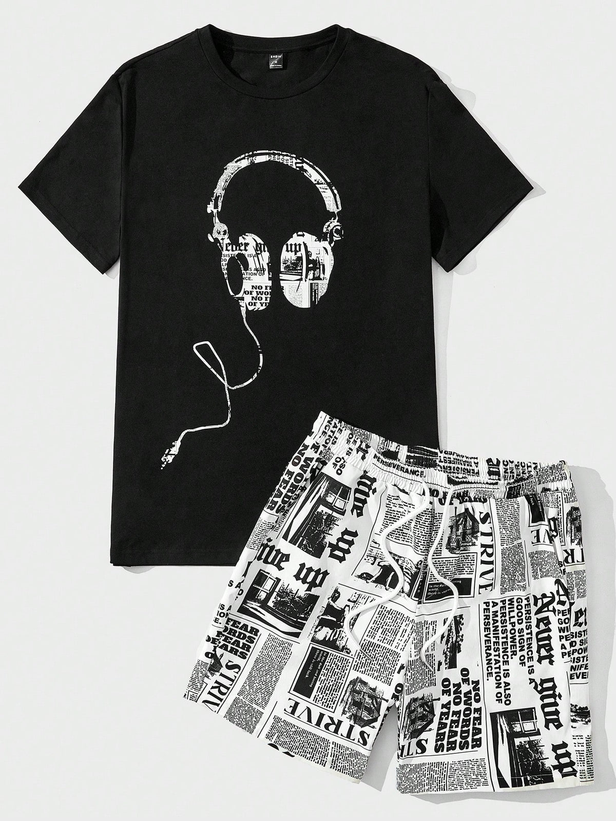 Manfinity EMRG Men Cotton Headphone Print Tee & Newspaper Print Shorts