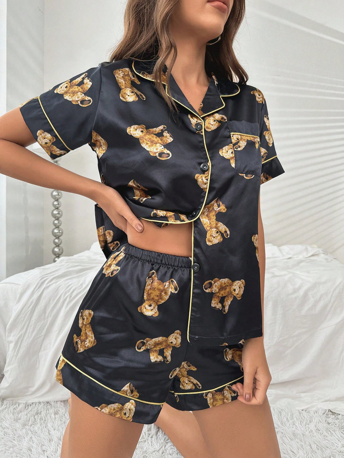 Bear Print Contrast Piping Satin PJ Set / Pajama Set