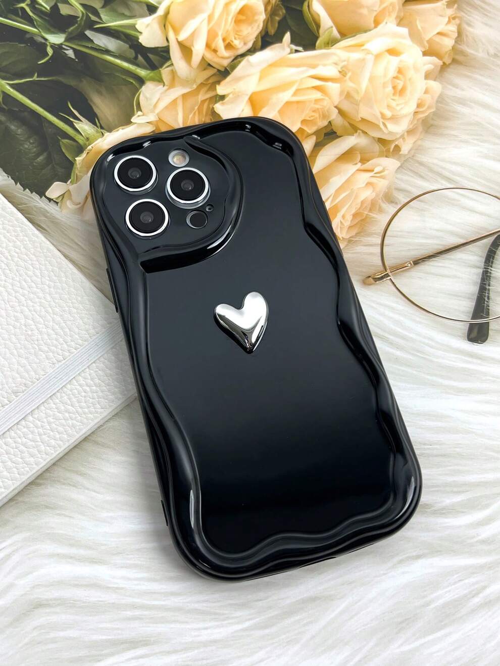 1pc Cute Carton Iphone Cases Compatible With IPhone 15 Pro Max, 3D Wavy Glossy Phone Case Compatible With IPhone 13/14, Solid Black Protective Case For Redmi 13C, Shock Proof Case Compatible With IPho