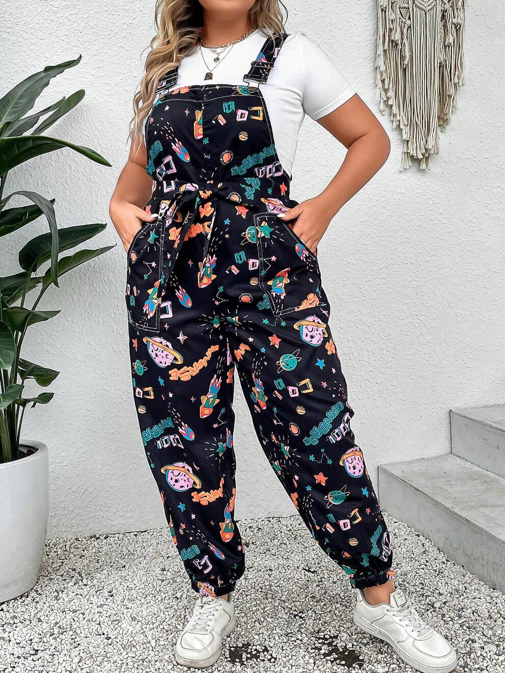 SHEIN EZwear Plus Cartoon Graphic Belted Overall Jumpsuit Without Tee